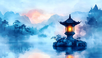 Serene pagoda stands tall in tranquil waters, with a backdrop of misty mountains under a soft, ethereal sky