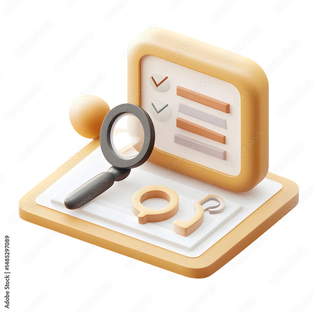 Poster stylized, 3d-rendered image of a task management interface, highlighted by a magnifying glass.