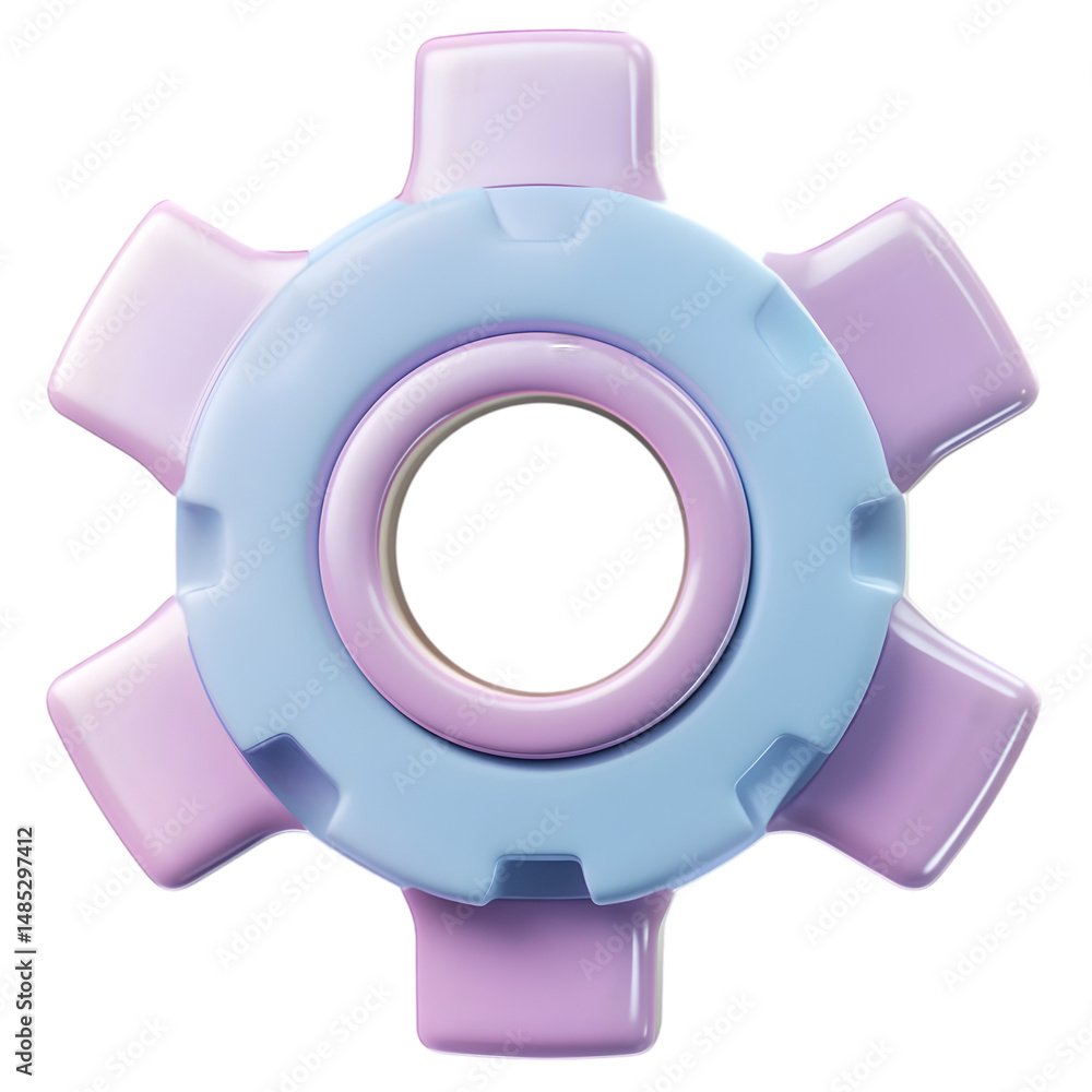 Poster stylized, three-dimensional gear with pastel shades of purple and blue, featuring smooth surfaces an