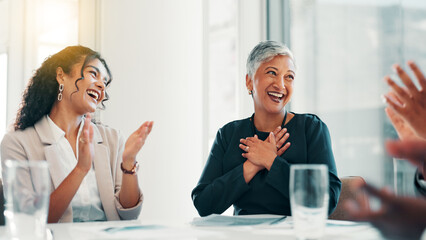 Business people, winner and achievement in celebration, promotion or negotiation success at office....