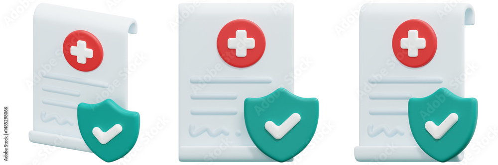 Poster set of medical contract with security shield and check mark 3d render icon illustration