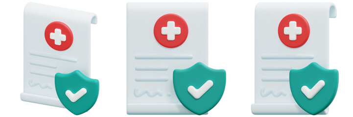 Obraz premium Set of Medical Contract with Security Shield and Check Mark 3d Render Icon Illustration