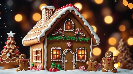 A Festive Gingerbread House Scene with Illuminated Windows and Miniature Gingerbread Men Surrounded by Sparkling Holiday Lights and Sugar Trees on a Snowy Base