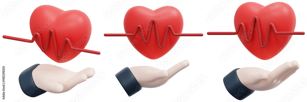 Poster set of red heart with ecg line held in open hands 3d render icon illustration