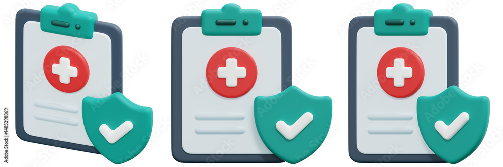 Poster set of 3d rendered medical report icons with checkmarks and shields 3d render icon illustration