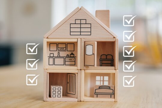 Homes task track concept. Miniature wooden house model with checklist icons for interior spaces.