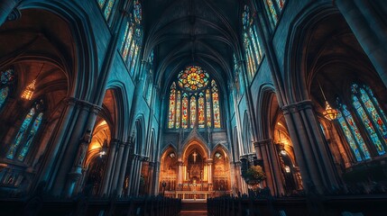 Obraz premium Gothic Cathedral Interior: Stained Glass Majesty and Deep Shadows