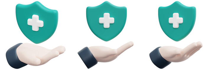 Set of Hands Offering Teal Medical Protection Shields 3d Render Icon Illustration