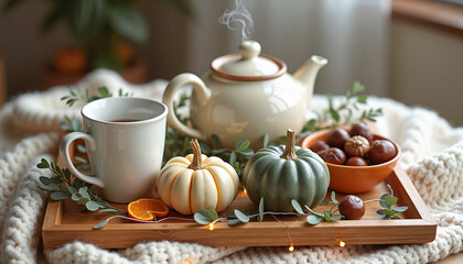Cozy bamboo tray with a steaming teapot, white mugs, roasted chestnuts, and decorative gourds on a soft blanket, autumn hygge concept.