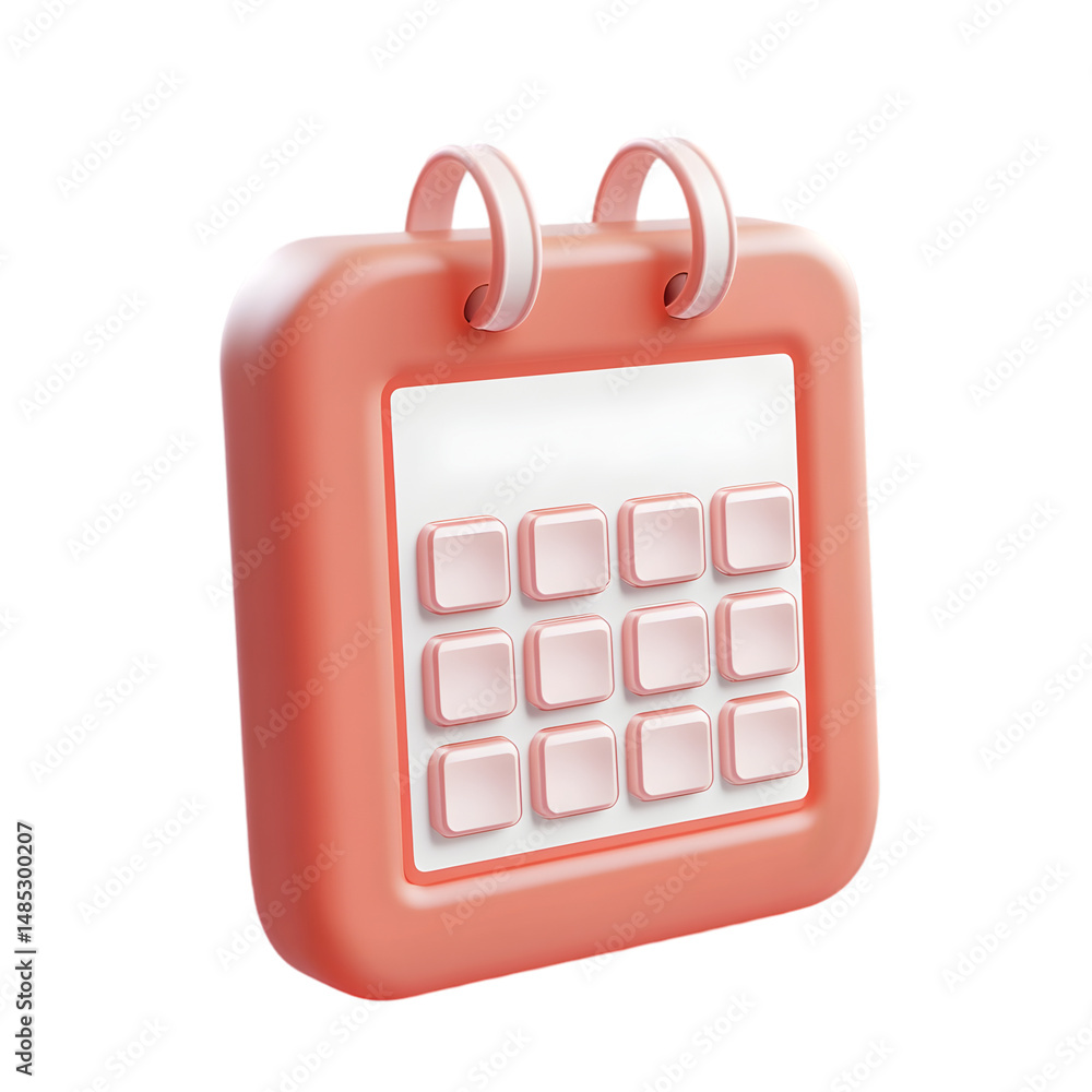 Poster stylized, light peach-colored calendar icon, rendered in 3d, displaying a square shape and a grid of