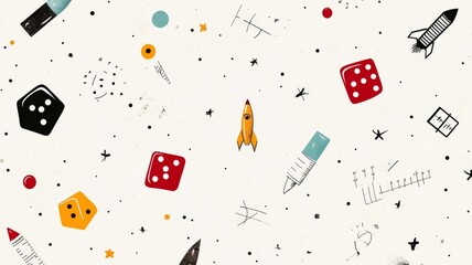 A digital collage of geek culture icons: D20 dice, space rockets, code snippets, comic book panels, math equations, and retro gaming graphics