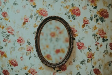 Elegant Oval Mirror on Vintage Floral Wallpaper Background