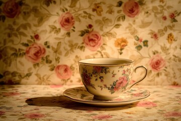 Elegant Floral Teacup on Vintage Floral Background Setting