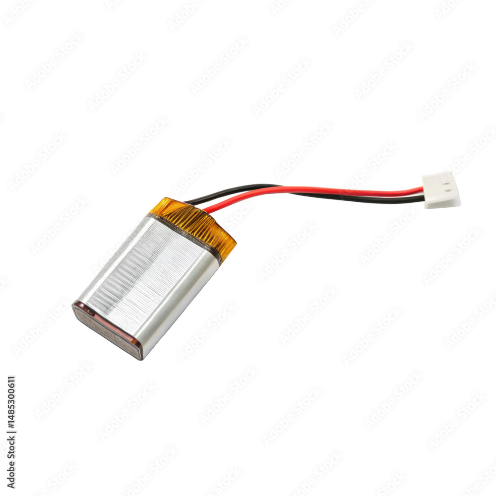 Poster small lithium polymer battery with wires and connector, isolated on transparent background, ideal fo