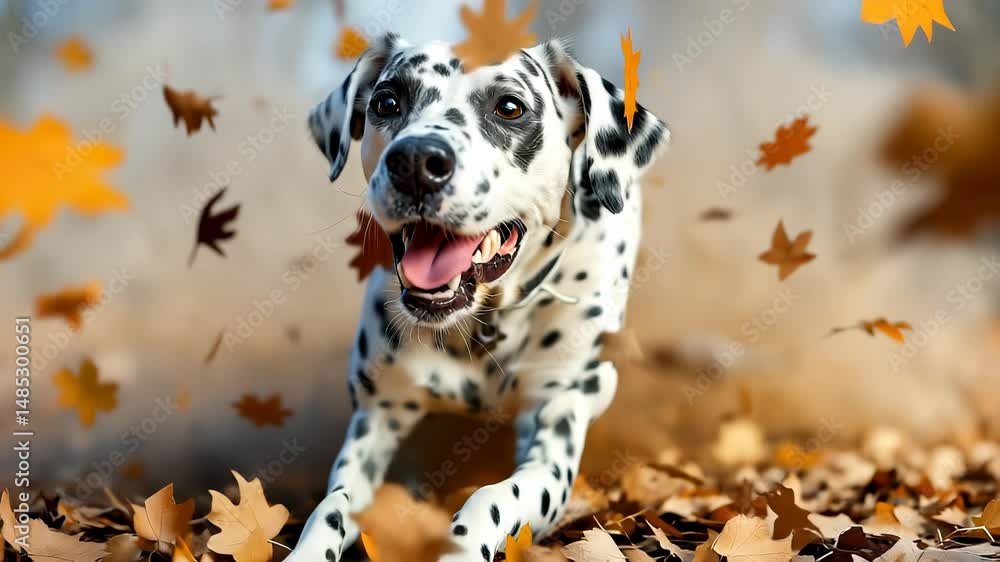 Poster dalmatian dog playing energetically among falling orange maple leaves, creating dynamic motion with 