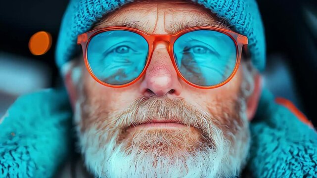 Elderly caucasian stylish man in a fur coat with orange glasses and blue hat in close-up portrait