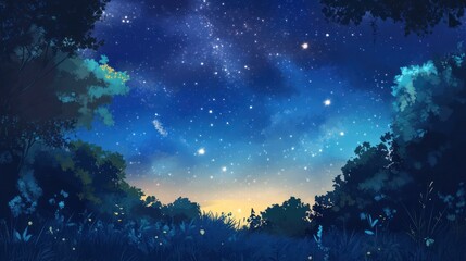 Fototapeta premium Illustration of a starry night sky seen through trees and grass.