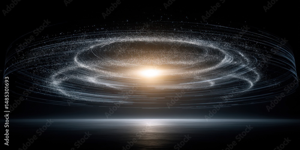 Poster exploring the unknown depths of cosmic energy through light trails and stellar motion creating an en