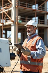 Senior Middle Eastern Male Builder, Aged 60s, Operating or Engaging with an AI-Assisted Construction Tool or Machine on an Active Job Site, Showing Expertise and Concentration