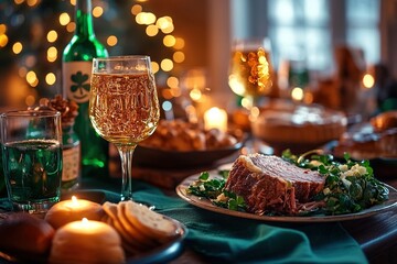 Festive dining table adorned with delicious holiday dishes, drinks, and warm candlelight ambiance