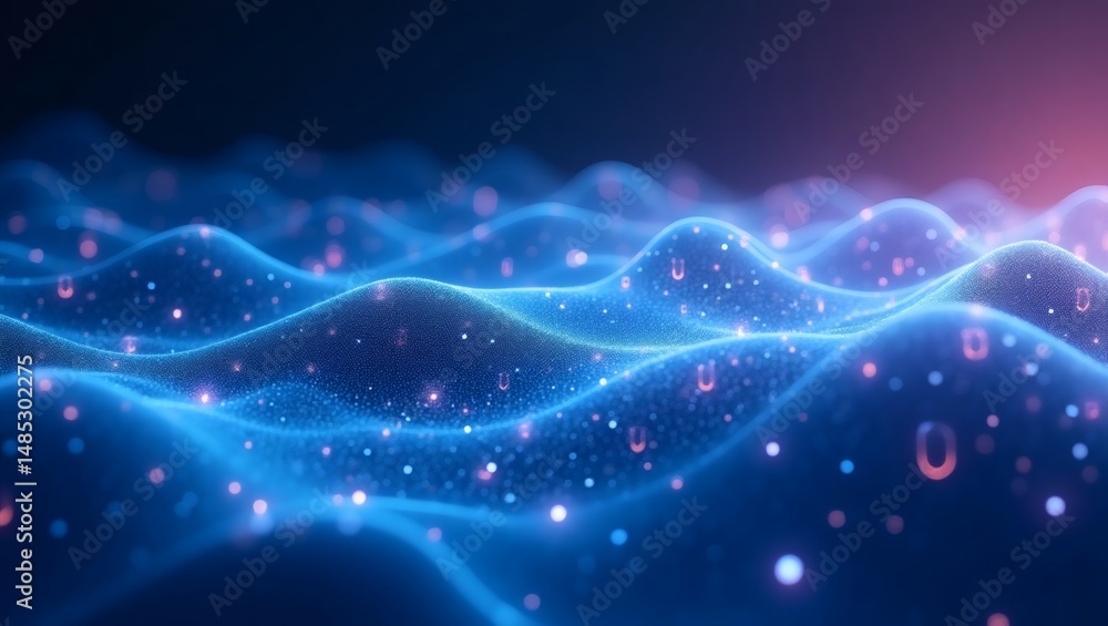 Poster Digital waves of energy moving fluidly with a vibrant glowing effect. The waves create a mesmerizing visual that evokes a sense of technological innovation