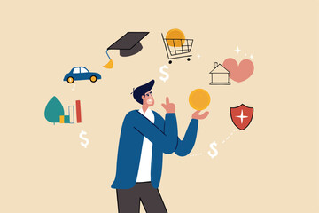 Budget planning, personal finance to allocate expense or payment, income and saving, accounting concept, businessman holding money coin think about budget planning with expense categories.