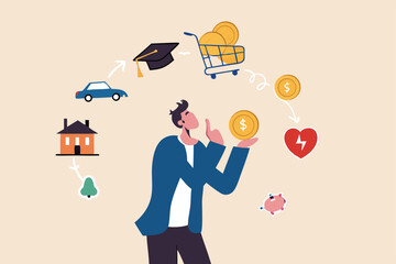 Budget planning, personal finance to allocate expense or payment, income and saving, accounting concept, businessman holding money coin think about budget planning with expense categories.