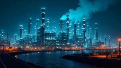 a mesmerizing view of a futuristic factory, with steam rising, illuminated at night, showcasing industrial progress and innovation