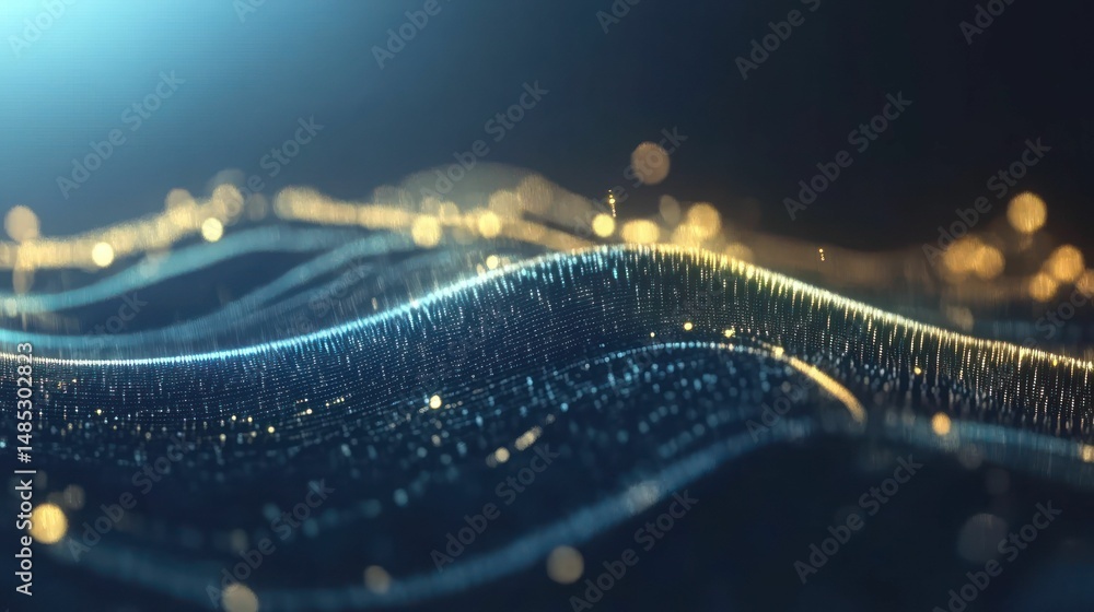 Wall mural abstract blue wave data background, dynamic particle stream illustrati