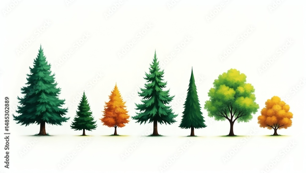 Poster various styles of trees with green and brown leaves. the illustration depicts a vibrant green scene 