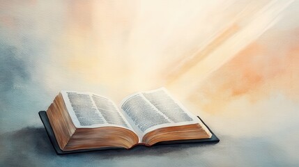 Radiant open book with ethereal light illuminating the pages, creating a serene and spiritual atmosphere, perfect for educational, theological, or inspirational themes.
