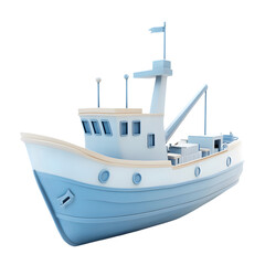 Digitally rendered, stylized depiction of a light blue fishing vessel. The design is simple and modern, featuring a clear front view.