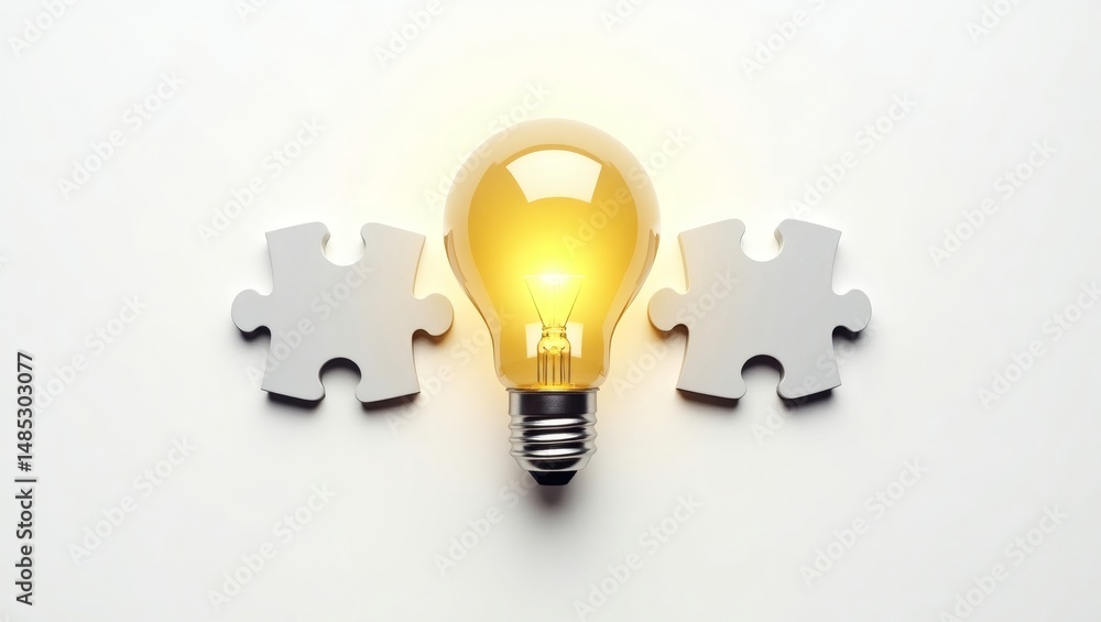 Poster a bright idea: a glowing lightbulb with two puzzle pieces, symbolizing innovation and problem-solvin