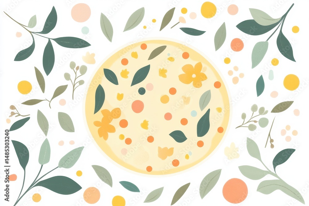 Poster floral pattern with leaves and circular design in soft colors