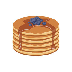 Delicious pancakes drizzled with honey and berries on a plate. Pancakes with healthy blueberries and sweet honey.Vector Illustration isolated