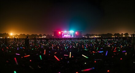 People Enjoying Night Outdoor Concert with Stage Lights and Glow Sticks