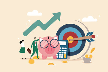 Family financial planning, saving or investment plan, money and wealth management, budget, debt and mortgage, pension fund concept, family people with piggy bank, calculator and financial target.