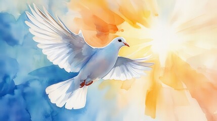 Fototapeta premium Majestic, serene flying dove soaring through a radiant sunset background with warm orange, blue hues; symbolizes peace, freedom, and hope; perfect for inspirational and spiritual themes