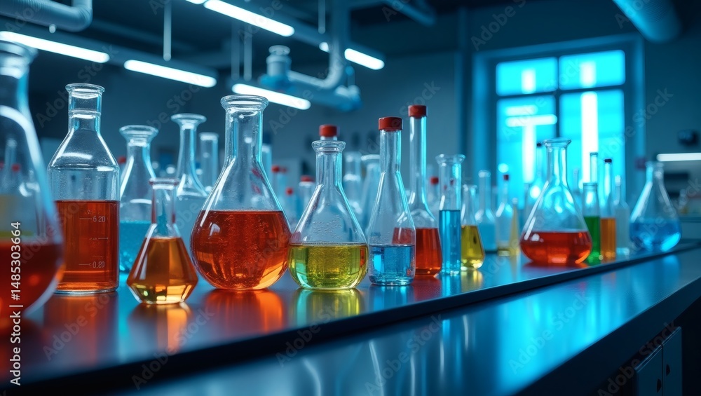 Aufkleber a row of beakers filled with colorful liquids in a laboratory setting. The beakers are arranged in a line on a metal table, with the liquids reflecting the light. There is a window in the background.