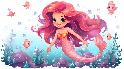 Charming Mermaid with Adorable Starfishes and Jellyfish Cartoon Vector Illustration