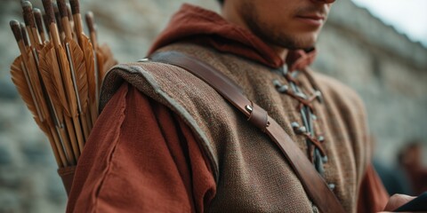 Medieval archer with quiver and leather armor in historical setting