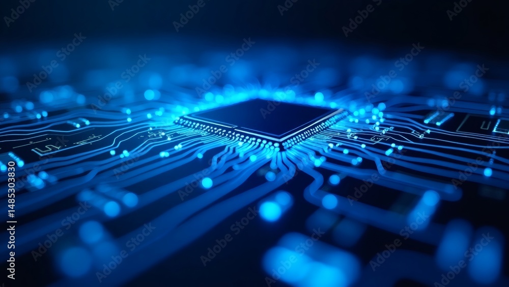 Poster a close-up shot of a microchip with glowing blue circuits, illustrating technological advancement an