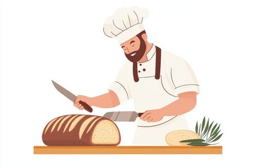 Happy Baker Slicing Freshly Baked Bread in Cozy Kitchen Setting