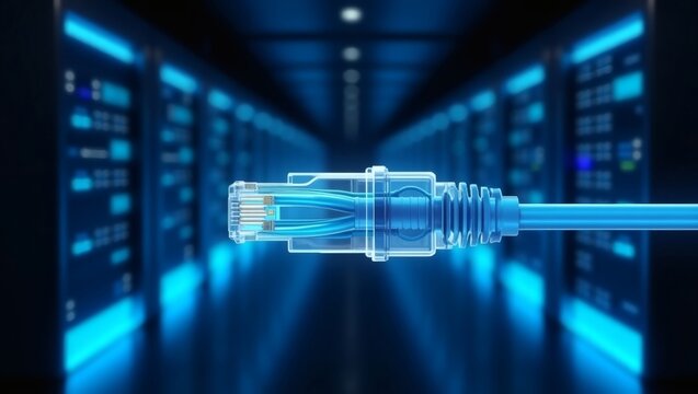 Network cable connection. An illuminated network cable extends from the foreground into a server room, with servers in the background