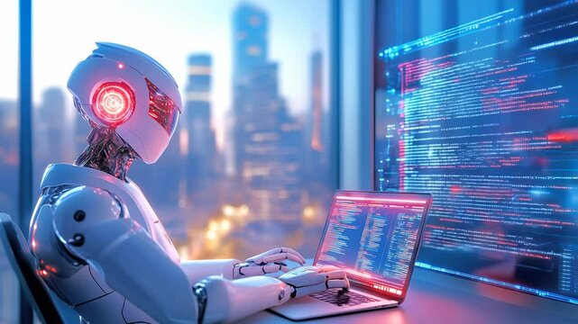 Humanoid robot with red eye sitting at laptop, analyzing programming code with cityscape background. Two computer screens display complex digital data visualization. - Powered by Adobe