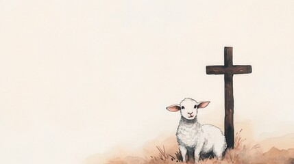 Charming, serene lamb standing beside a wooden cross, set against a gentle beige background, evoking peace, faith, and the essence of springtime spirituality