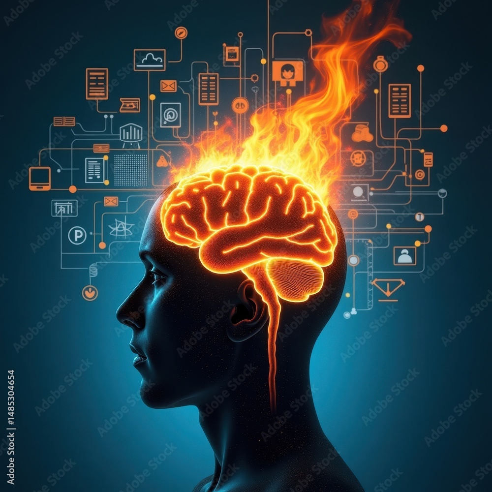 Poster creative composite of a human head with a fiery brain and technology elements in a digital art repre
