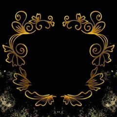 Gold frame floral line art on black background
