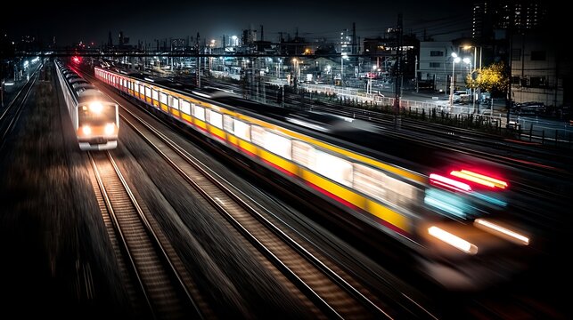 The image shows two trains racing along parallel tracks at night. Buildings are visible in the background.