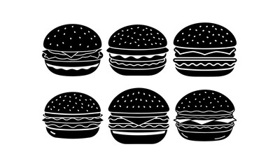 Culinary Harmony: A meticulously composed assortment of six iconic burger renditions, each a singular silhouette of gastronomic artistry.